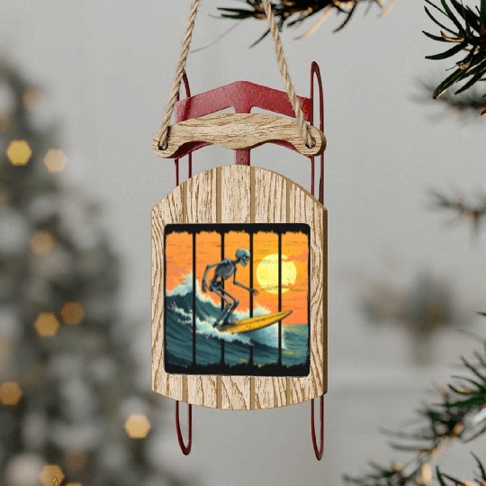 Skeleton Surfer Vintage Surfing Funny Halloween Sled Ornaments