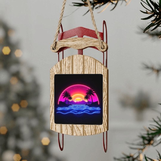 Neon Sunset Over Tropical Island Sled Ornaments