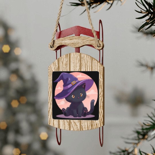Whimsical Halloween Cat with Witch Hat Sled Ornaments