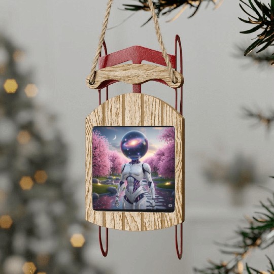 Futuristic Robot in Cherry Blossom Paradise Sled Ornaments