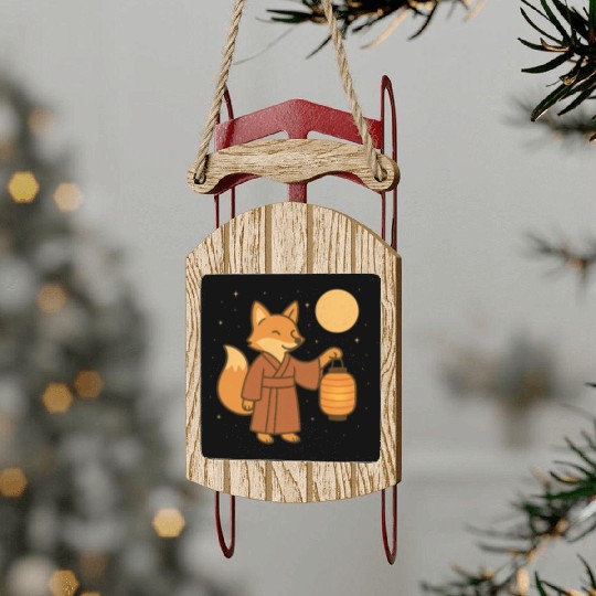 Cute Fox in Traditional Kimono with Lantern Sled Ornaments