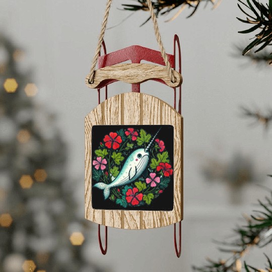 Whimsical Narwhal Amid Floral Bloom Sled Ornaments
