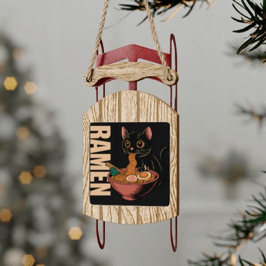Black Cat Ramen Illustration Sled Ornaments