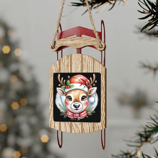 Cute Rudolph Reindeer Watercolor Christmas Art Sled Ornaments