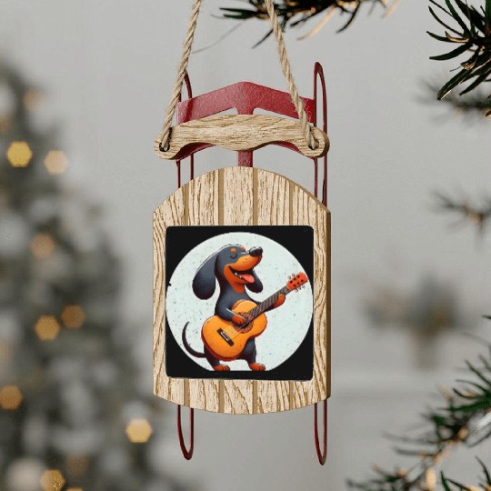 Playful Dachshund Guitar Badge Sled Ornaments
