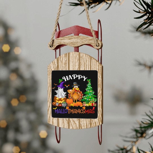 Retro Happy HalloThanksMas  Sled Ornaments