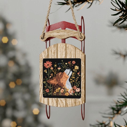 Serene Howling Wolf Amid Floral Bloom Sled Ornaments