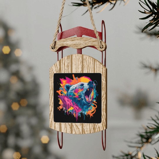 Vibrant Roaring Bear Graffiti Design Sled Ornaments