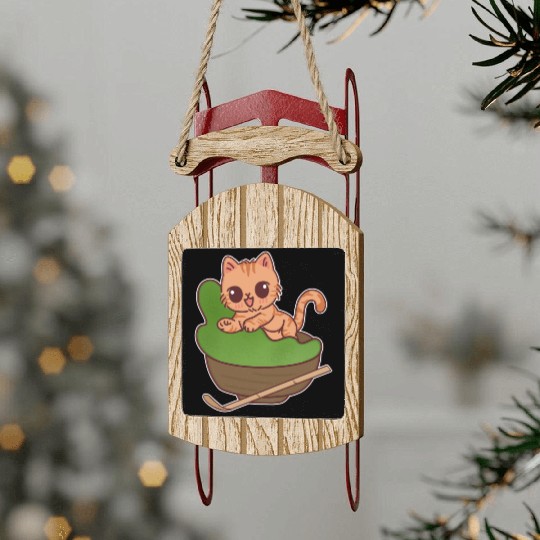 Kawaii Cat in Matcha Tea Bowl Sled Ornaments