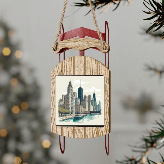 Chicago Skyline with Lake Michigan View Sled Ornaments