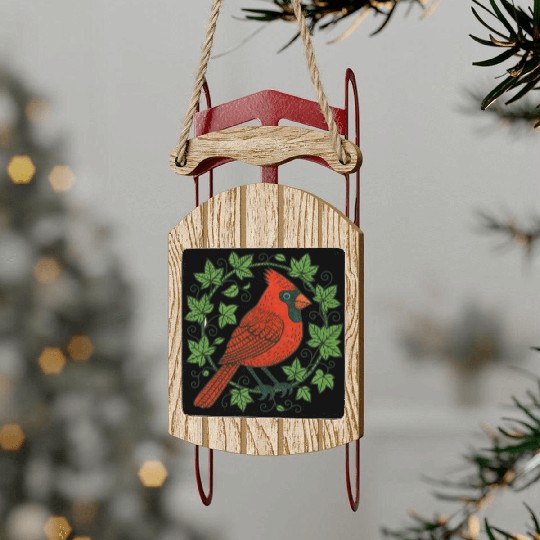 Vibrant Cardinal Amidst Ivy Leaves Sled Ornaments