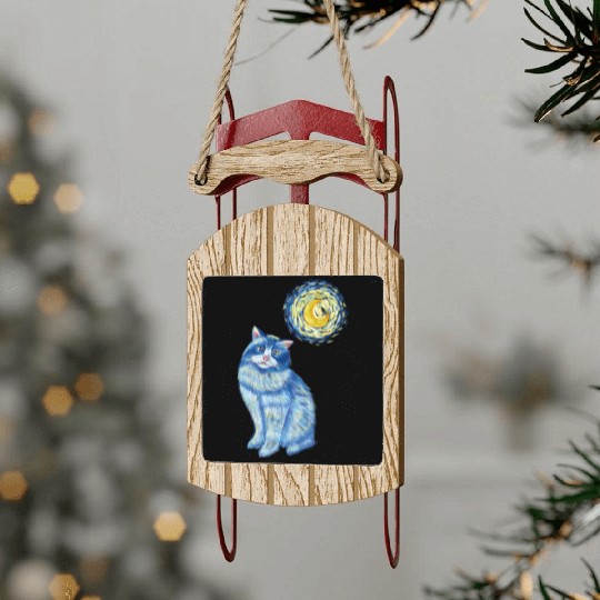 Blue Van Gogh Starry Night Ragdoll Cat Graphic Sled Ornaments