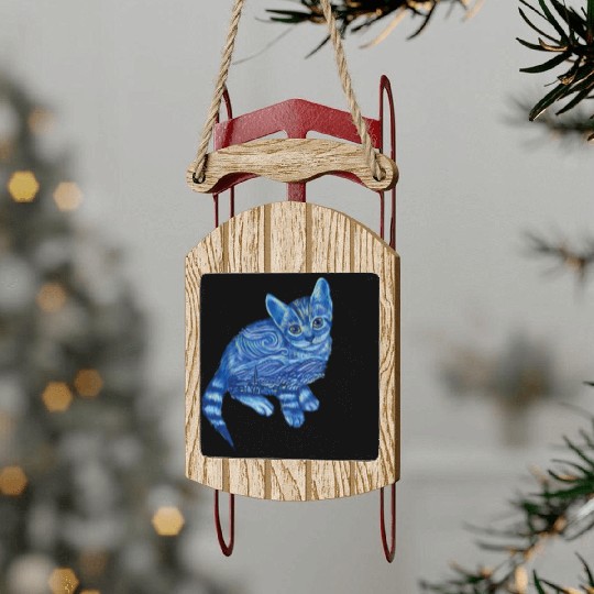 Blue Van Gogh Starry Night Bengal Cat Illustration Sled Ornaments