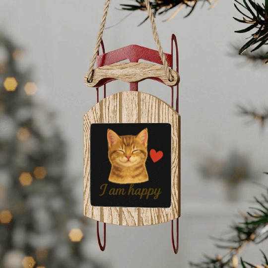 I Am Happy – Cute Realistic Cat with Red Heart Sled Ornaments
