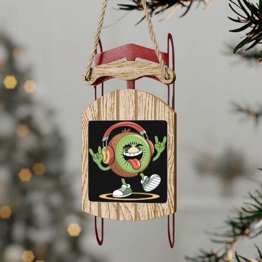 Playful Kiwi Cartoon with Headphones Sled Ornaments