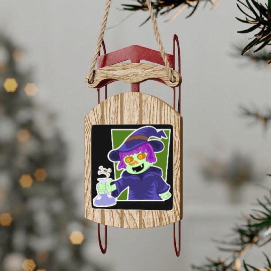 Playful Zombie Witch Cartoon Design Sled Ornaments