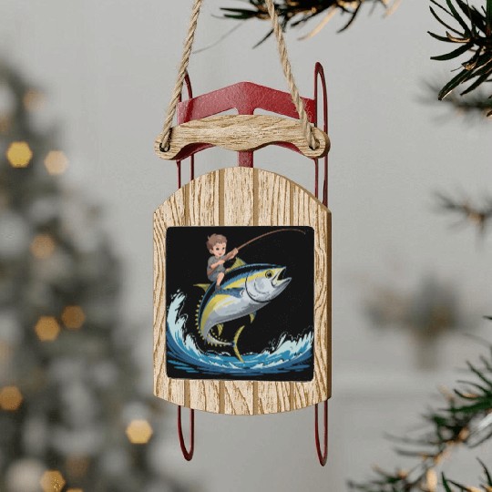 Joyful young boy rides massive jumping tuna Sled Ornaments