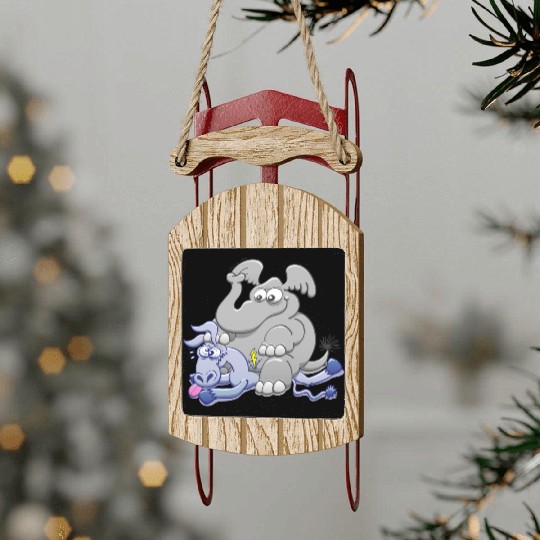 Elephant Sitting on Donkey and Squashing it Sled Ornaments