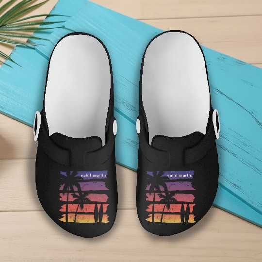 Cool Saint Martin Surfing Fan Beach Palm Tree Slip On Clogs