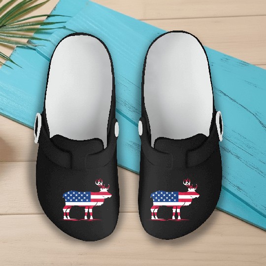 Patriotic US Flag Colored Moose Reindeer Elch Slip On Clogs