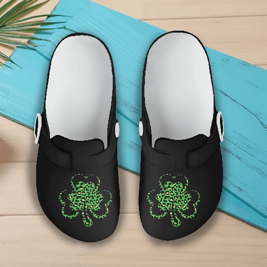 Pattern Leopard Shamrock Saint Patrick Day Slip On Clogs