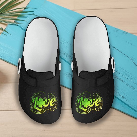Green Love Logo With A Four Leaf Clover For St Slip On Clogs