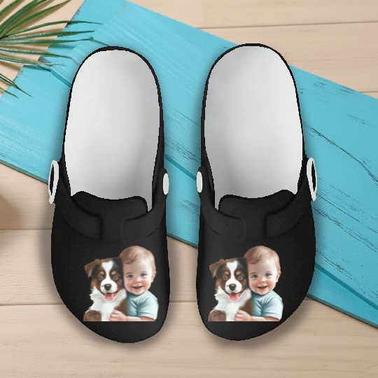 Sweet baby smiling with lovely puppy Slip On Clogs