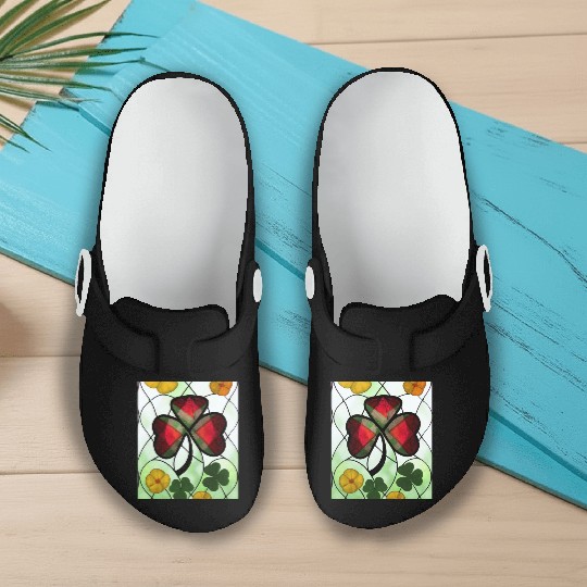 Red plaid Shamrock with Yellow Poppies (AI Art) Slip On Clogs
