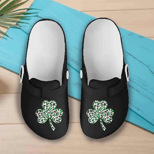 Cute Shamrock Leopard Print St Patricks Day Irish Slip On Clogs