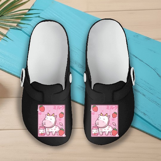 Kawaii Pink Strawberry Cow Milk Shake Otaku Anime Slip On Clogs