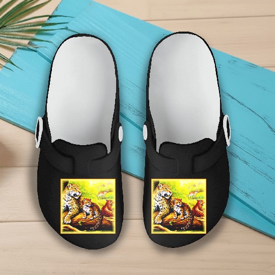 Jaguar Mom and Cubs Relaxing in Jungle. Buy Now Slip On Clogs