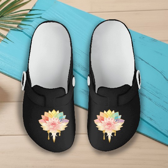 Lotus with golden flowers icon in pastel colors Slip On Clogs