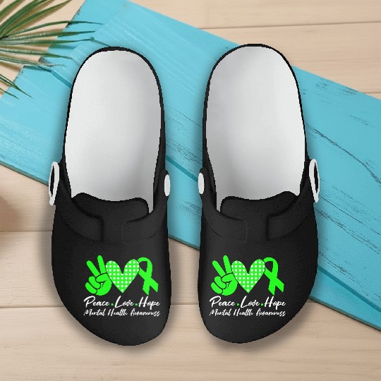 Peace Love Hope Tal Health Awareness Green Ribbon Slip On Clogs