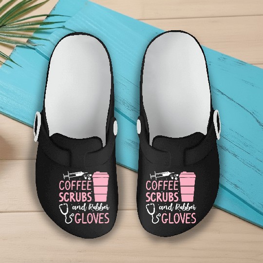 Coffee Scrubs And Rubber Gloves Medical Nurse Doct Slip On Clogs