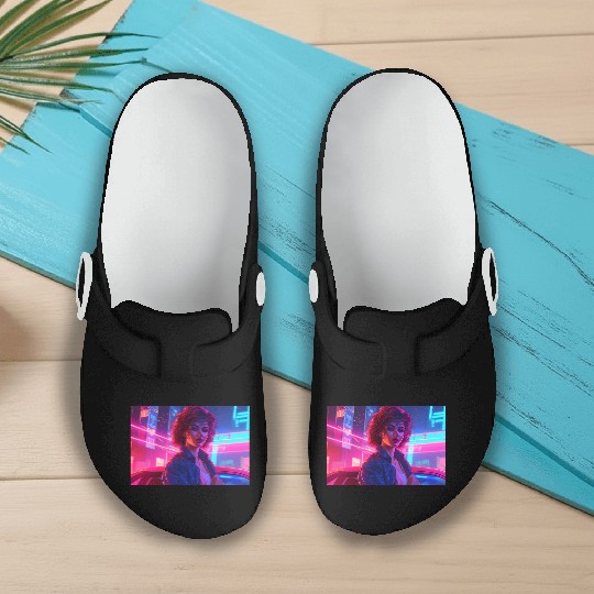 Synthwave Girl - Anime Portrait in Neon Colors Slip On Clogs