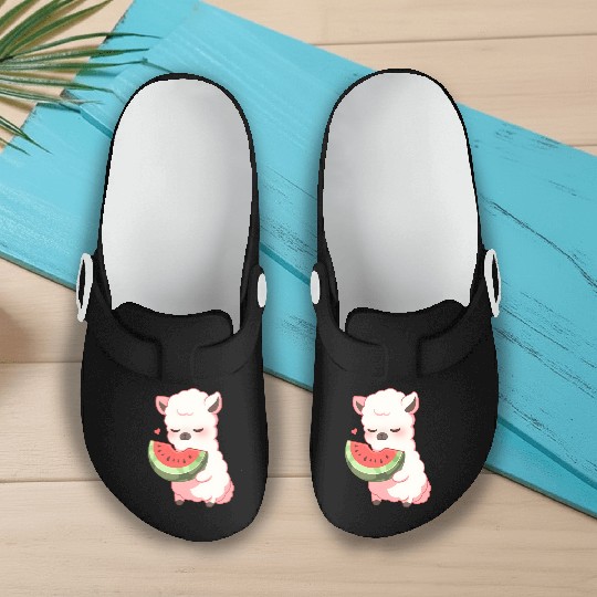 Adorable Kawaii Llama Savoring Sweet Watermelon Slip On Clogs