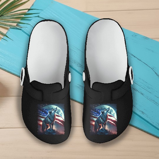 America wolf under Moon with American Flag Slip On Clogs