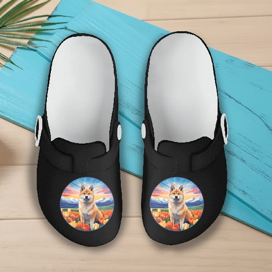Akita Inu Flower Garden Cute Colorful Puppy Dog Slip On Clogs
