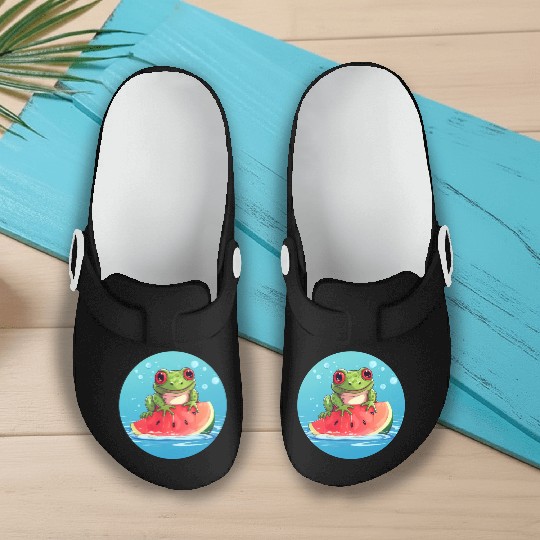 Frog on watermelon in the sea Slip On Clogs