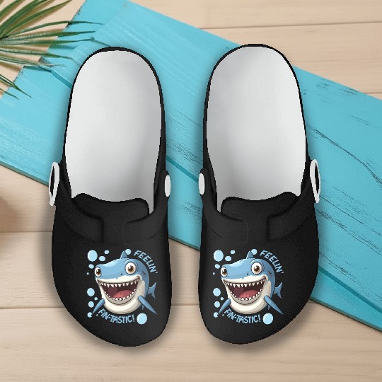 Funny Happy Cartoon Shark Feelin Fin-Tastic Slip On Clogs