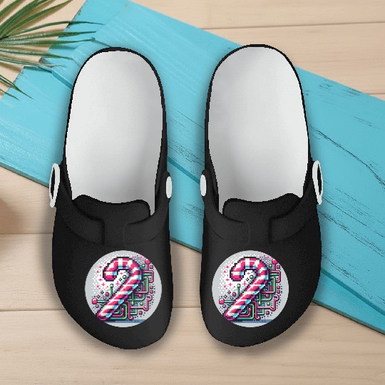 Neon Cyberpunk Candy Cane 8-Bit Pixel Christmas Slip On Clogs