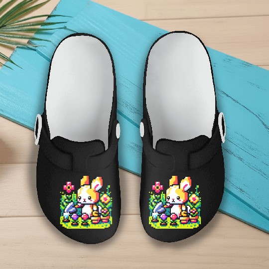 8-Bit Bunny Gardener: Retro Digital Garden Scene Slip On Clogs