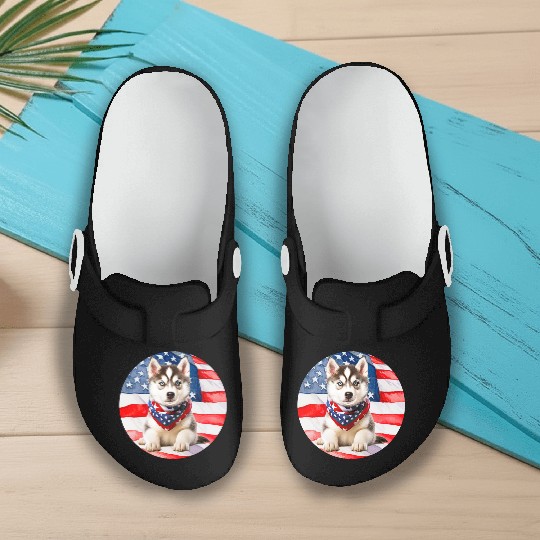 beautiful Siberian Husky with American Flag Slip On Clogs