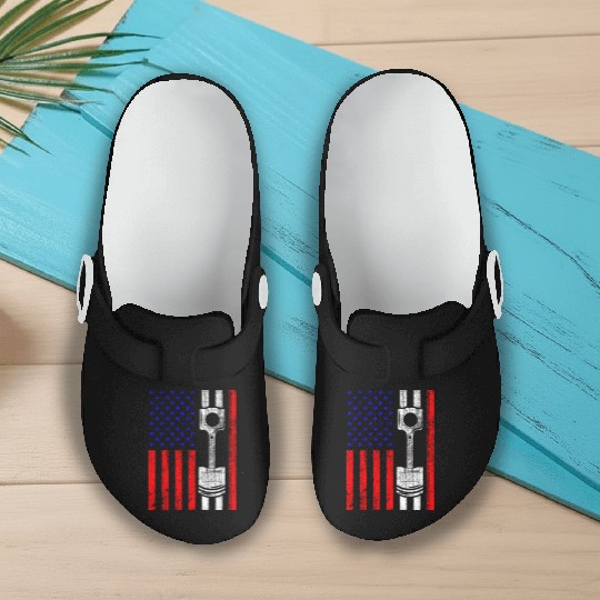 American Flag Piston Muscle Car Patriotic Vintage Slip On Clogs