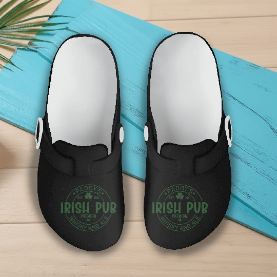 Irish Pub Whisky and Ale, St Patricks Day Slip On Clogs