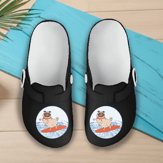 Waves riding pug puppy on surfboard Slip On Clogs