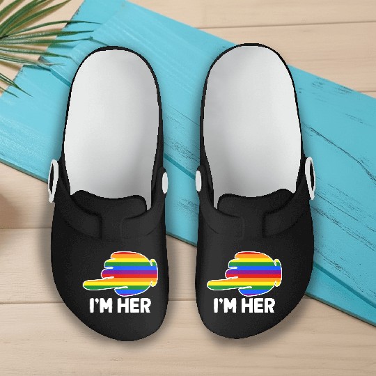 I'm Hers Rainbow Lesbian Couple Funny LGBT Pride Slip On Clogs