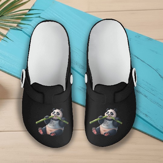 Panda Paradise: Serene Panda Enjoying a Bamboo Fea Slip On Clogs