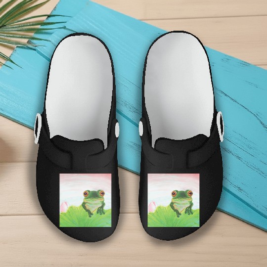 Green Frog Relaxing in the Pond Slip On Clogs