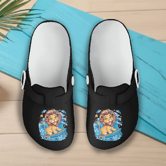 Cute Surfing Lion Riding the Waves Slip On Clogs